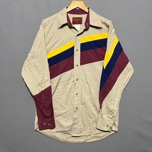 Rustler by Wrangler Vintage Brush Popper Shirt Mens Medium Tan Multi Stripe 90s